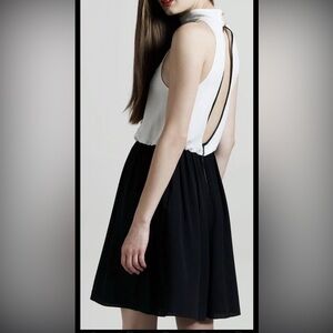 Alice & Olivia, white & black halter dress,‎ open back, leather trim, silk